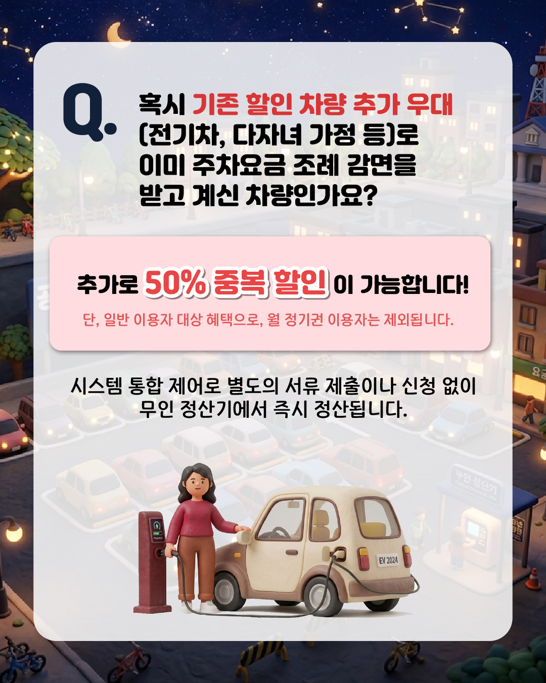 Q. 혹시 기존 할인 차량 추가 우대(전기차, 다자녀 가정 등)로 이미 주차요금 조례 감면을 받고 계신 차량인가요? A. 추가로 50% 중복 할인이 가능합니다! 단, 일반 이용자 대상 혜택으로, 월 정기권 이용자는 제외됩니다. 시스템 통합 제어로 별도의 서류 제출이나 신청 없이 무인 정산기에서 즉시 정산됩니다.