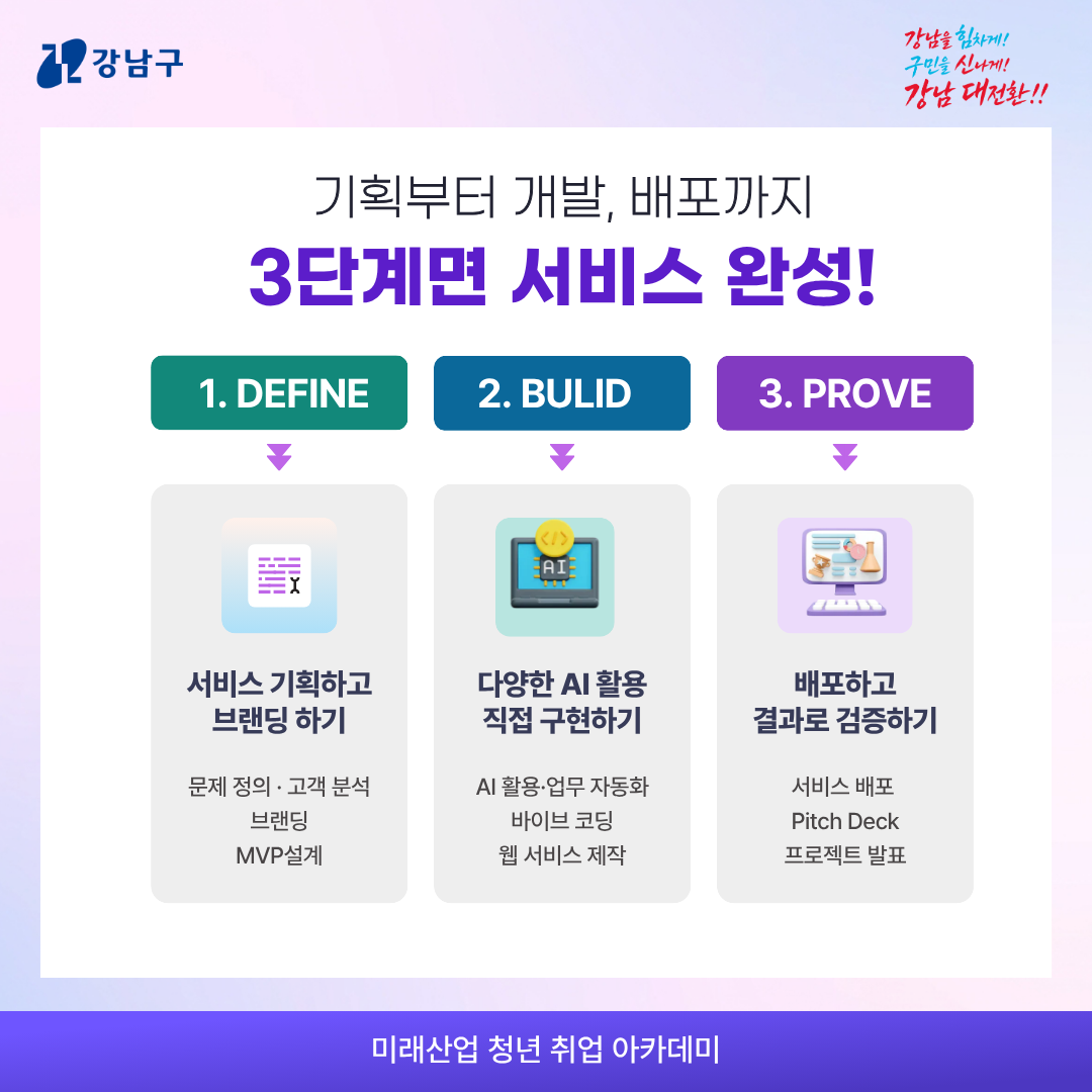 기획부터 개발, 배포까지 3단계면 서비스 완성!  1. DEFINE : 서비스 기획하고 브랜딩하기   ➡️ 문제 정의·고객 분석 브랜딩 MVP설계   2. BULID : 다양한 AI 활용 직접 구현하기   ➡️ AI 활용·업무 자동화 바이브 코딩 웹 서비스 제작   3. PROVE : 배포하고 결과로 검증하기   ➡️ 서비스 배포 Pitch Deck 프로젝트 발표 