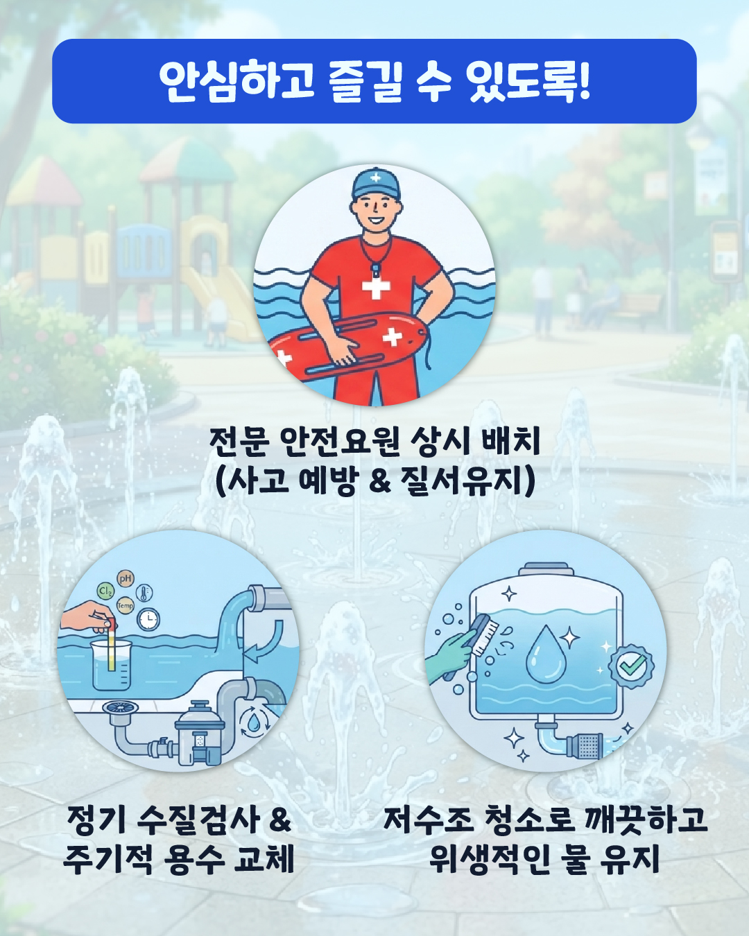 <안심하고 즐길 수 있도록! >  🛟 전문 안전요원 상시 배치 (사고 예방 & 질서 유지) 💧 정기 수질검사 & 주기적 용수 교체 🧼 저수조 청소로 깨끗하고 위생적인 물 유지