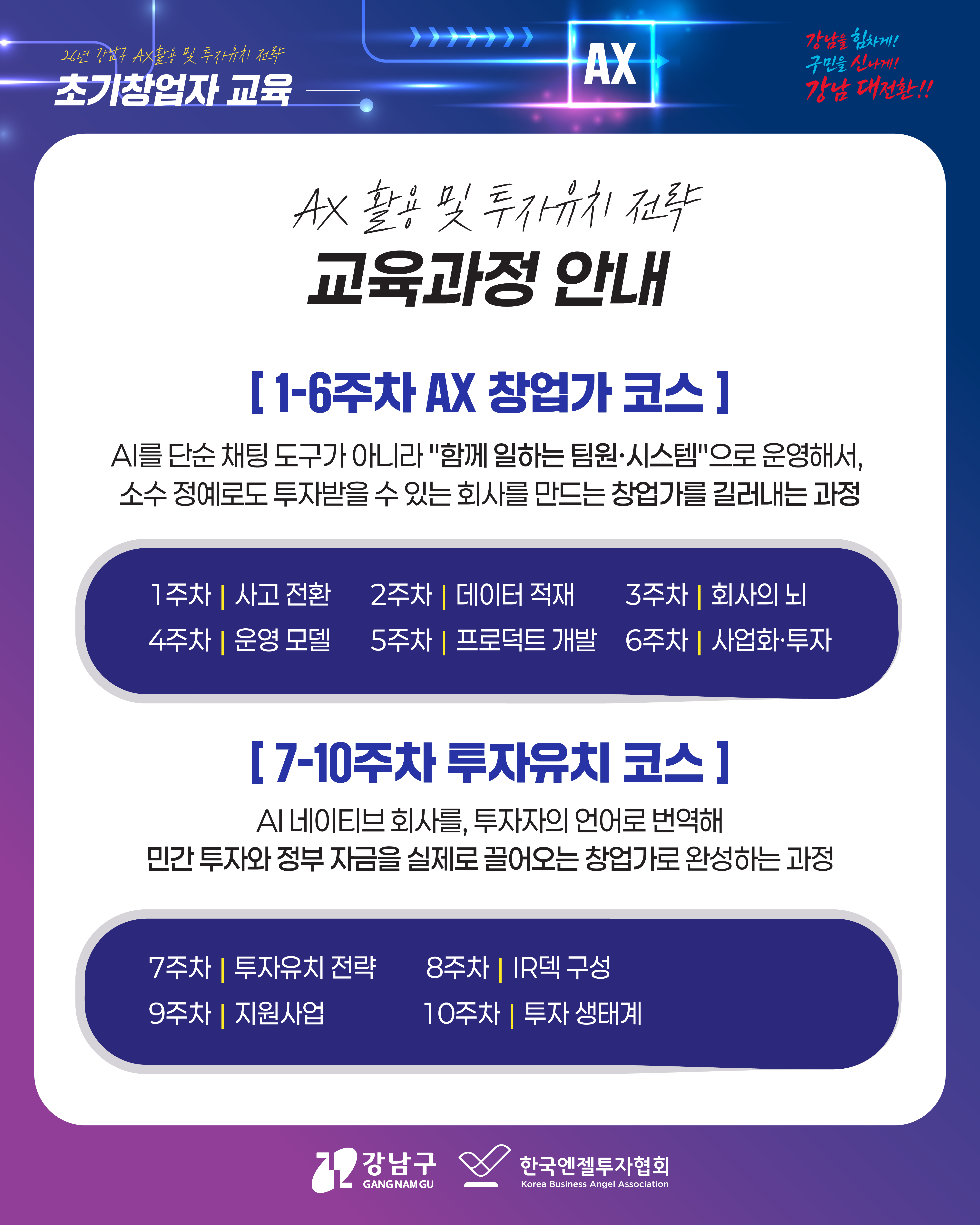 AX 활용 및 투자유치 전략  교육과정 안내   ✅[1-6주차 AX 창업가 코스] AI를 단순 채팅 도구가 아니라 '함께 일하는 팀원·시스템'으로 운영해서, 소수 정예로도 투자받을 수 있는 회사를 만드는 창업가를 길러내는 과정  1주차ㅣ사고 전환  2주차ㅣ데이터 적재 3주차ㅣ회사의 뇌 4주차ㅣ운영 모델 5주차ㅣ프로덕트 개발  6주차ㅣ사업화·투자   ✅[7-10주차 투자유치 코스] AI네이티브 회사를, 투자자의 언어로 번역해 민간 투자와 정부 자금을 실제로 끌어오는 창업가로 완성하는 과정  7주차ㅣ투자유치 전략 8주차ㅣIR덱 구성 9주차ㅣ지원사업  10주차ㅣ투자 생태계