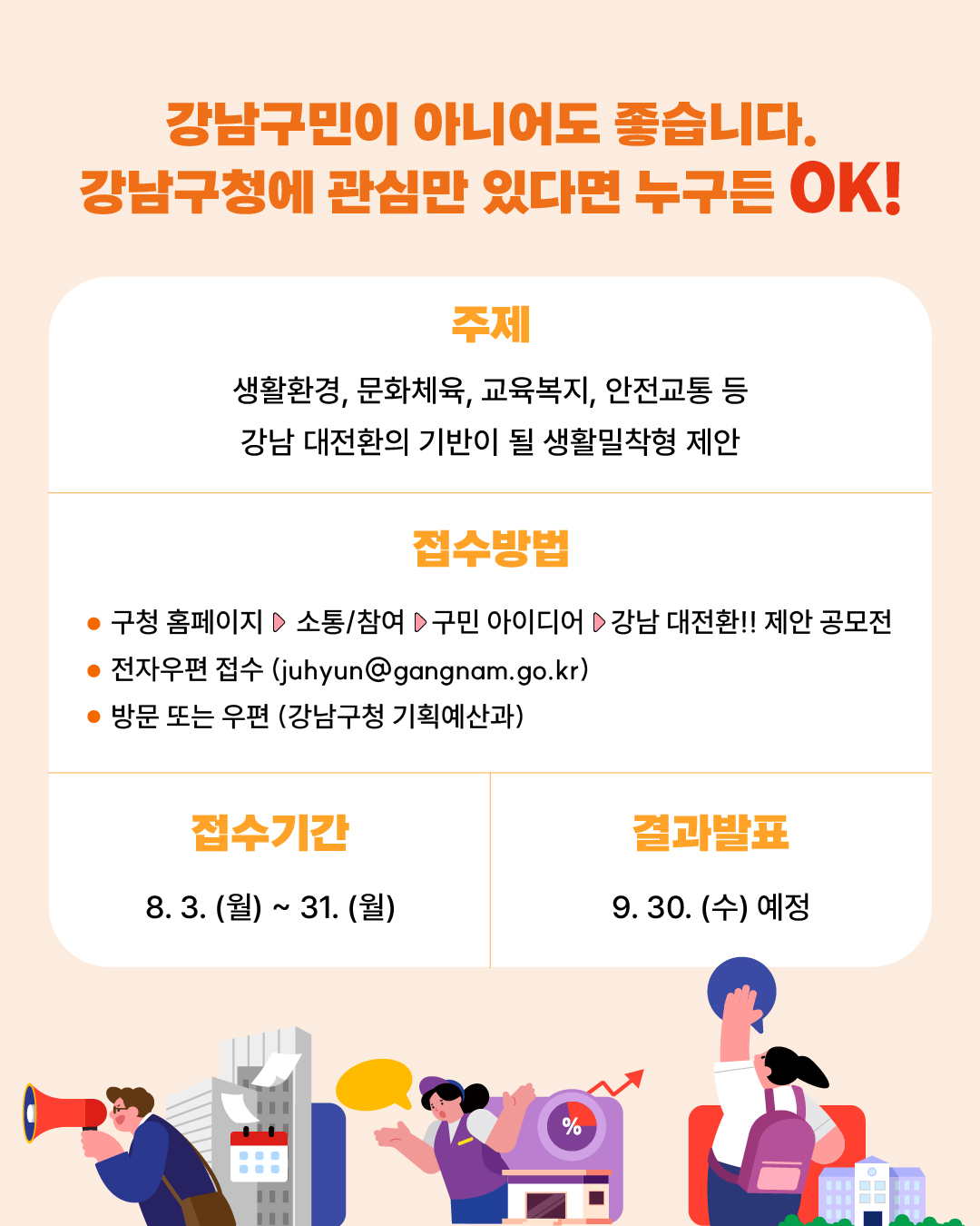 강남구민이 아니어도 좋습니다, 강남구정에 관심만 있다면 누구든 OK! 주제는 생활환경, 문화체육, 교육복지, 안전교통 등 강남 대전환의 기반이 될 생활밀착형 제안이면 모두 가능합니다. 접수 방법은 구청 홈페이지, 전자우편, 방문 또는 우편 모두 가능합니다. 접수기간은 8월 31일까지며 결과는 9월 30일 발표할 예정입니다.