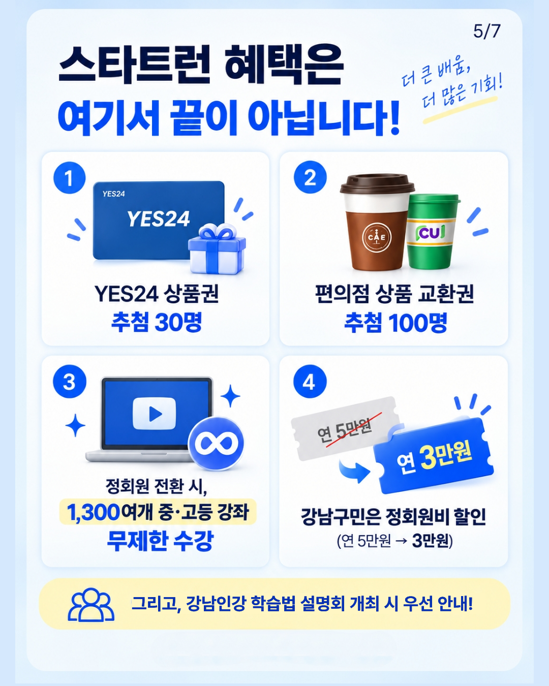 📍스타트 런 혜택은 여기서 끝이 아닙니다!  ➡️「오투 중학 과학 1-1」 교재 추첨 30명 ➡️편의점 상품 교환권 추첨 100명 ➡️강남인강 중·고등 전 강좌 1년간 무제한 수강 ➡️강남인강 학습법 설명회 개최 시 우선 안내  ※ 강남구민은 정회원 수강료 2만원 할인 적용