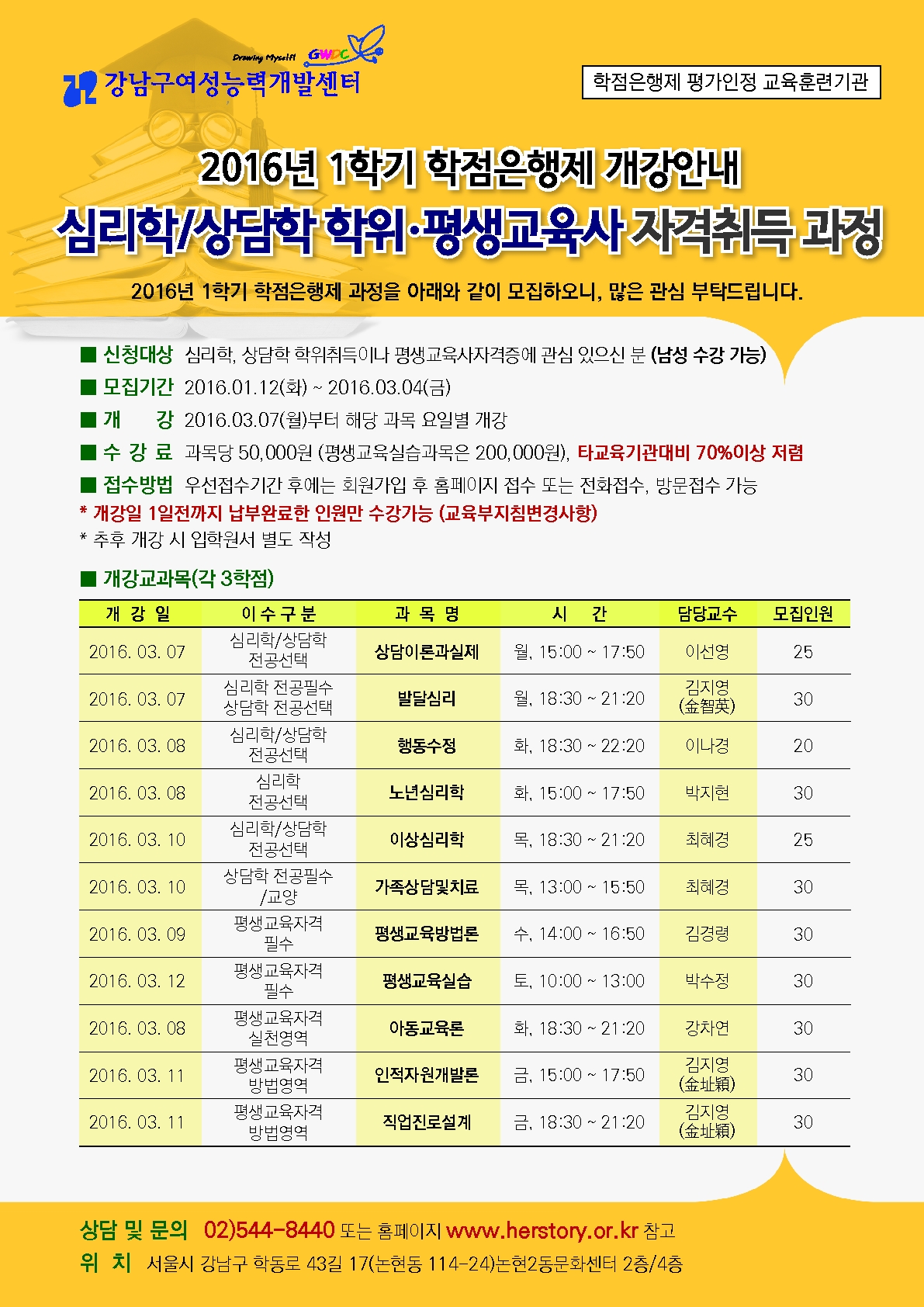 <강남구여성능력개발센터>심리학/상담학 학위&평생교육사 자격증 취득과정 모집