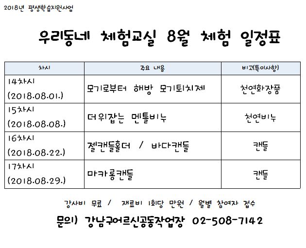 평생학습지원사업 `우리동네체험교실`8월 참여자모집
