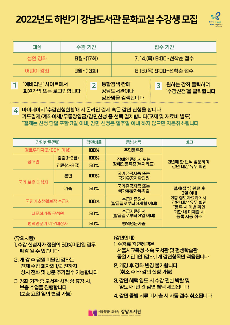 2022 강남도서관 하반기 문화교실 안내