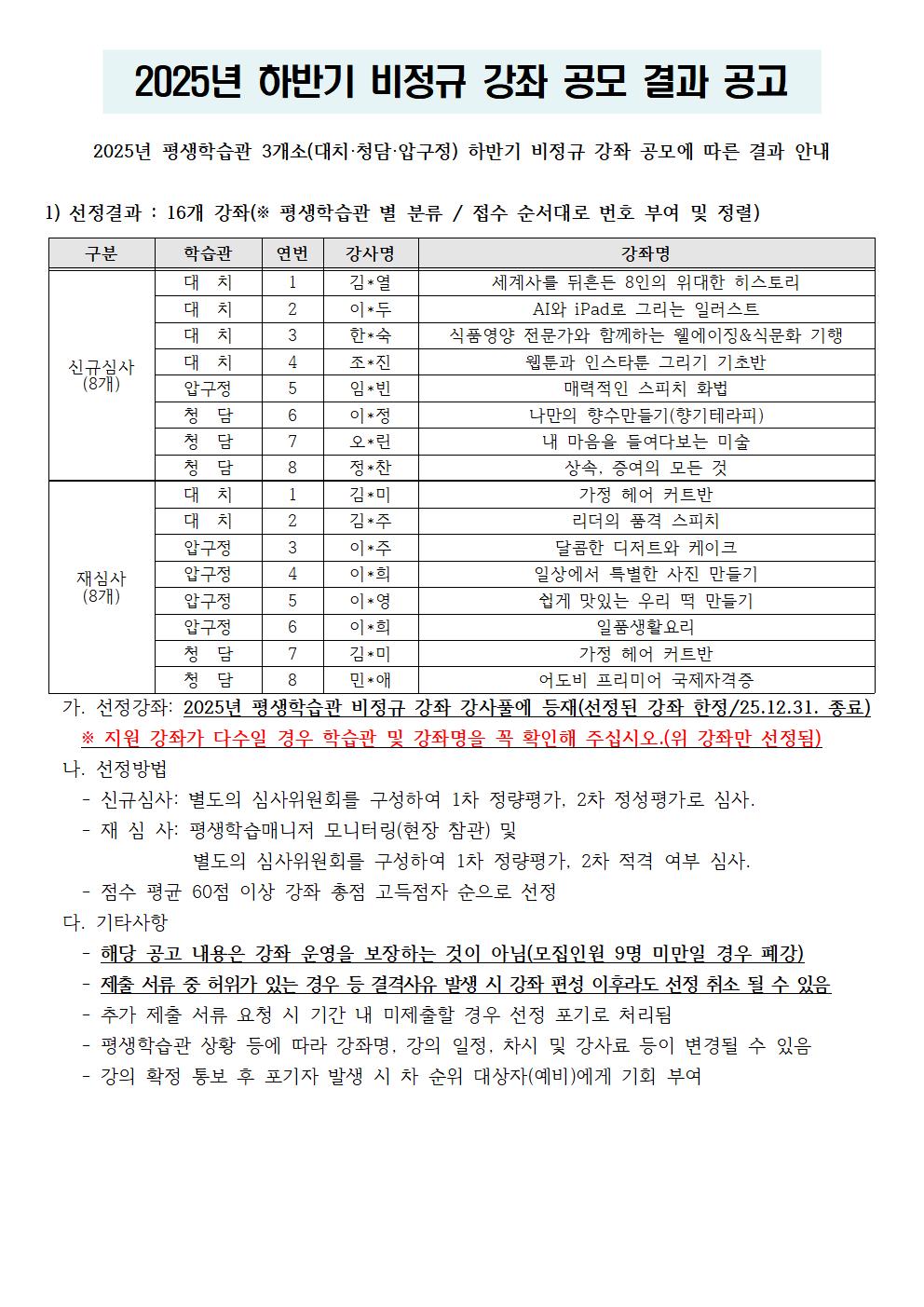 2025년 평생학습관 3개소 비정규 강좌 공모(하반기) 결과 공고