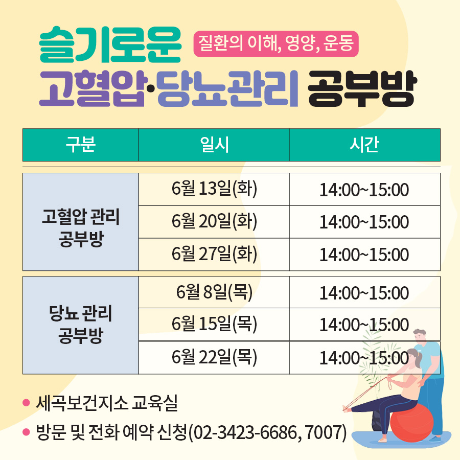  6월 세곡보건지소 슬기로운 고혈압, 당뇨관리 공부방고혈압 관리 공부방 6월 13일, 20일, 27일(화)당뇨 관리 공부방 6월 8일 15일 22일(목)14:00~15:00세곡보건지소 교육실방문 및 전화 예약 신청(02-3423-6686, 7007)