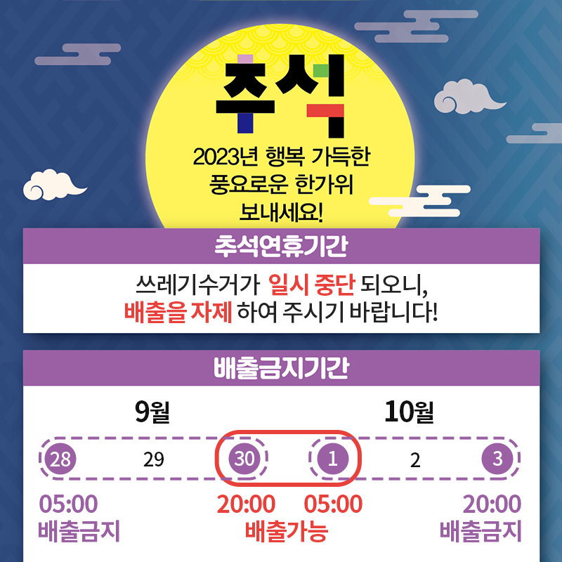추석 2023년 행복 가득한 풍요로운 한가위 보내세요!추석연휴기간 쓰레기수거가  일시 중단 되오니, 배출을 자제 하여 주시기 바랍니다!