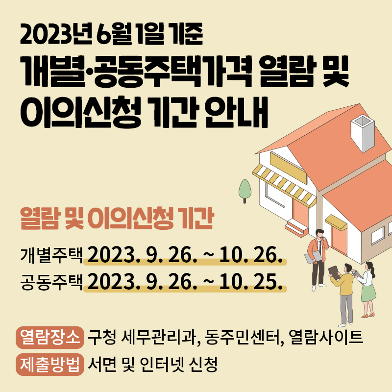 2023년 6월 1일 기준개별·공동주택가격 열람 및 이의신청 기간 안내열람 및 이의신청 기간개별주택 2023. 9. 26. ~ 10. 26. 공동주택 2023. 9. 26. ~ 10. 25.열람장소 : 구청 세무관리과, 동주민센터, 열람사이트제출방법 : 서면 및 인터넷 신청    