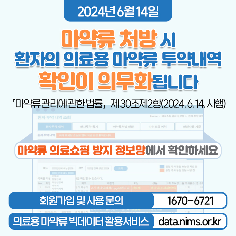 2024년 6월 14일 마약류 처방 시 환자의 의료용 마약류 투약내역 확인이 의무화됩니다「마약류 관리에 관한 법률」제 30조제2항(2024. 6. 14. 시행)마약류 의료쇼핑 방지 정보망에서 확인하세요회원가입 및 사용 문의 1670-6721의료용 마약류 빅데이터 활용서비스 data.nims.or.kr
