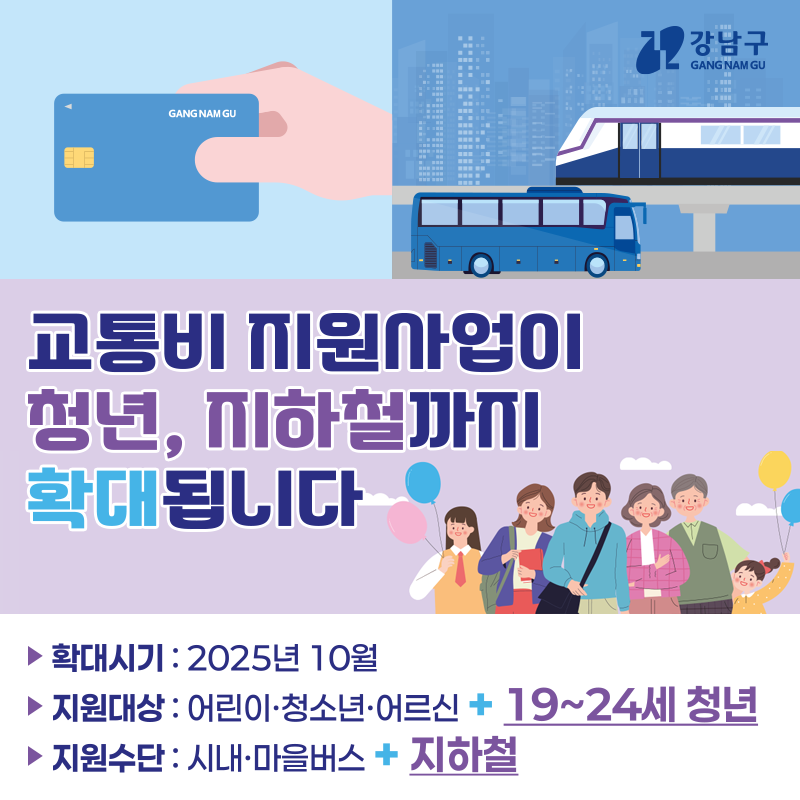 교통비 지원사업이 청년, 지하철까지 확대됩니다확대시기 : 2025년 10월지원대상 : 어린이·청소년·어르신 + 19~24세 청년지원수단 : 시내·마을버스 + 지하철