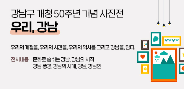 강남구 개청 50주년 기념 사진전 우리, 강남우리의 계절을, 우리의 시간을, 우리의 역사를 그리고 강남을, 담다.전시내용 : 문화로 숨쉬는 강남, 강남의 시작 강남 풍경, 강남의 사계, 강남, 강남인