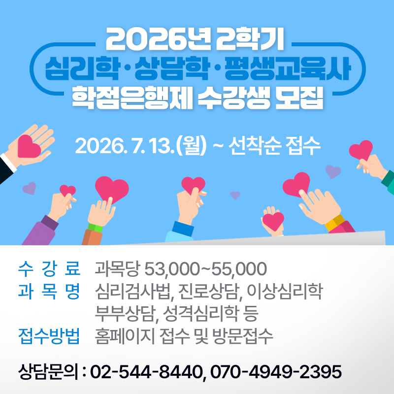 2026년 2학기 학점은행제 수강생 모집심리학 · 상담학 · 평생교육사2026. 7. 13.(월) ~ 선착순 접수수강료 : 과목당 53,000~55,000과목명 : 심리검사법, 진로상담, 이상심리학 부부상담, 성격심리학 등접수방법 : 홈페이지 접수 및 방문접수상담문의 : 02-544-8440, 070-4949-2395